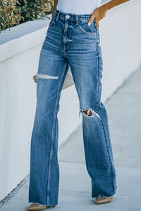 High-Rise Distressed Raw Hem Jeans - BALDONA