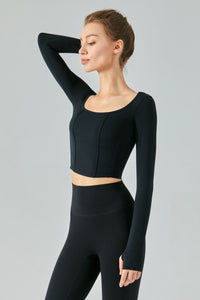 Seam Detail Thumbhole Sleeve Cropped Sports Top - BALDONA