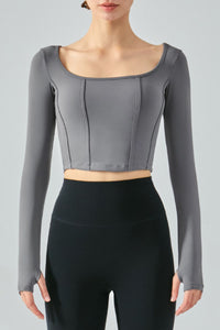 Seam Detail Thumbhole Sleeve Cropped Sports Top - BALDONA